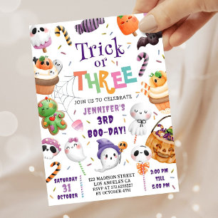 Trick oder Three! Niedliches Lila Halloween 3. Geb Einladung