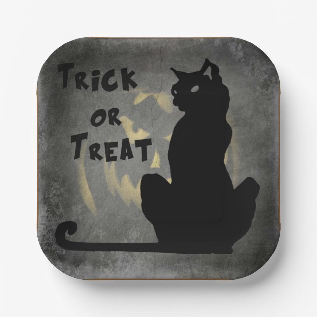 Trick oder Treat Black Cat Halloween Papierplatte Pappteller (Vorderseite)
