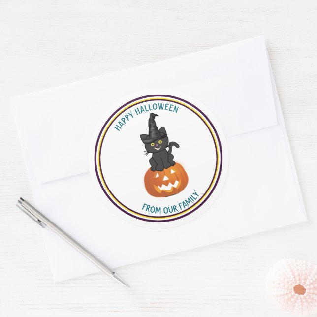 Trick oder Treat Black Cat & lustige Pumpkin Hallo Runder Aufkleber (Umschlag)