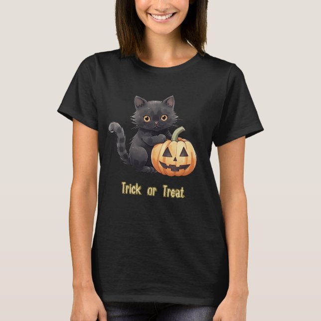 Trick oder Treat Black Cat Pumpkin Black Halloween T-Shirt (Vorderseite)