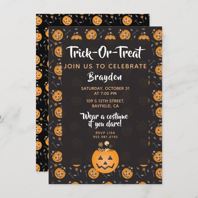 Trick oder Treat Celebrate Pumpkin Candy personali Einladung (Vorne/Hinten)