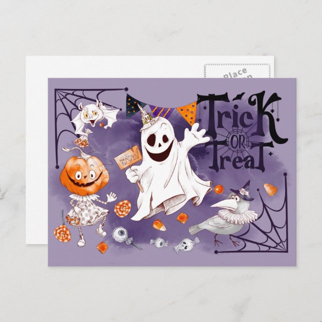 Trick oder Treat. Fun Ghost, Pumpkin Girl Hallowee Postkarte (Vorne/Hinten)