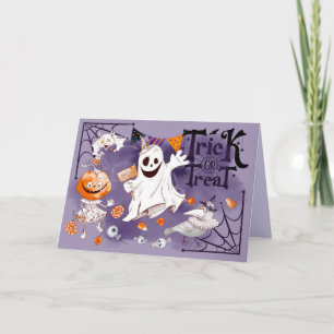 Trick oder Treat. Fun Ghost, Pumpkin Girl, Raven Karte