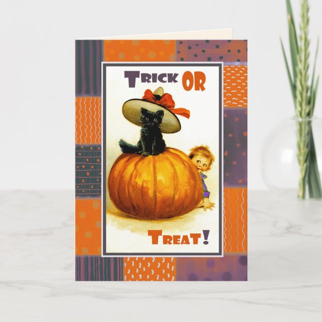 Trick oder Treat! Funny Vintag Kid Halloween Karte (Vorderseite)