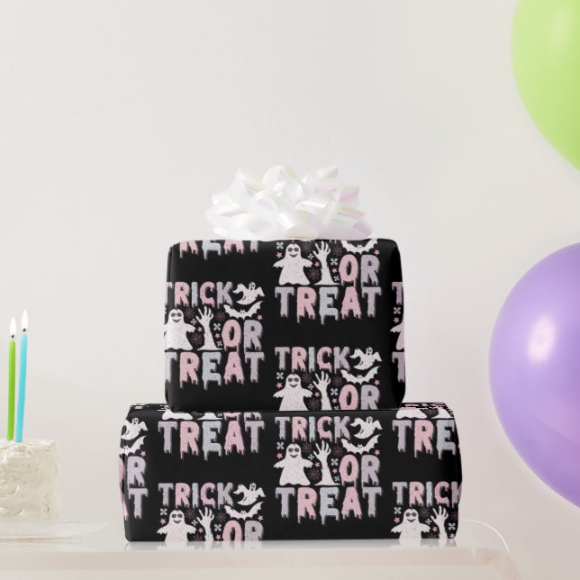 Trick oder Treat Ghosts Niedliches Schwarzes Hallo Geschenkpapier (Partygeschenke)