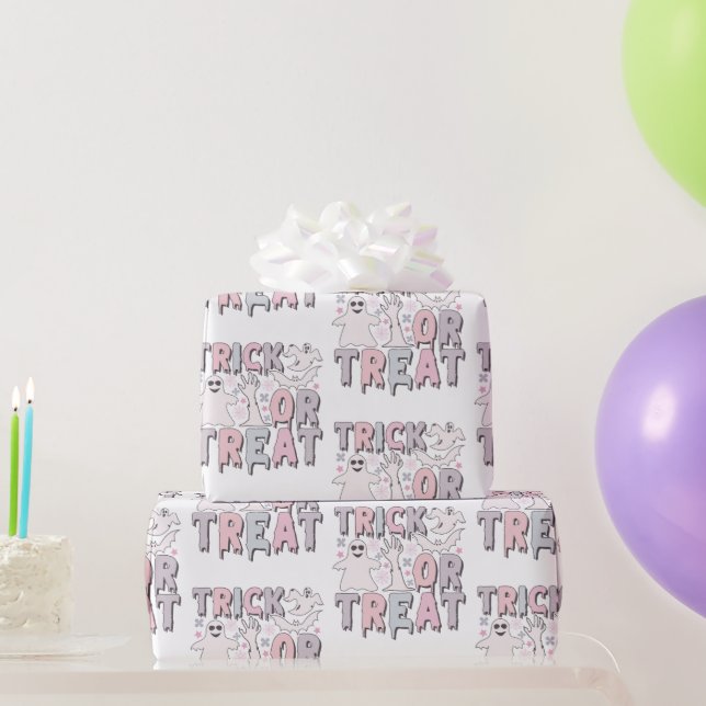 Trick oder Treat Ghosts Niedliches weißes Hallowee Geschenkpapier (Partygeschenke)