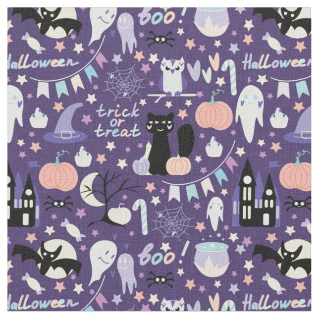 Trick oder Treat Halloween Black Cat Pumpkins Lila Stoff (Nahaufnahme)