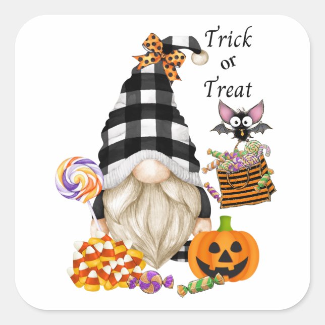 Trick oder Treat Halloween Gnome Quadratischer Aufkleber (Vorderseite)