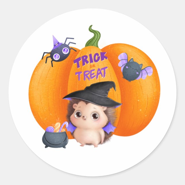 Trick oder Treat Halloween Pumpkin und Igel Runder Aufkleber (Vorderseite)