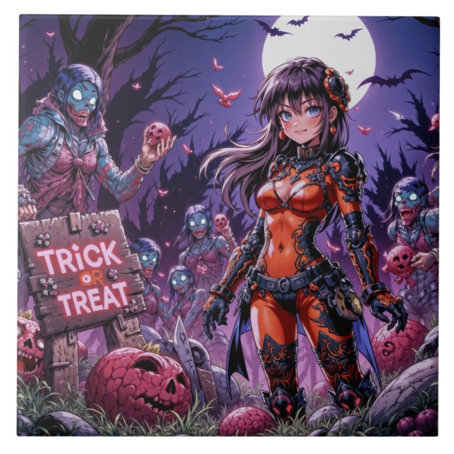 Trick oder Treat Halloween Zombies geben das Gehir Fliese (Vorderseite)