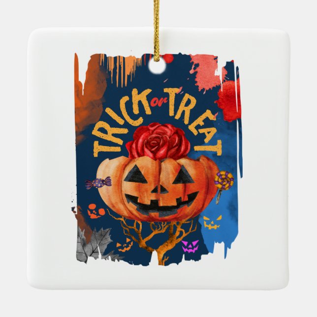 Trick oder Treat - Jack-o'-Lantern mit Rote Rose ( Keramikornament (Rückseite)