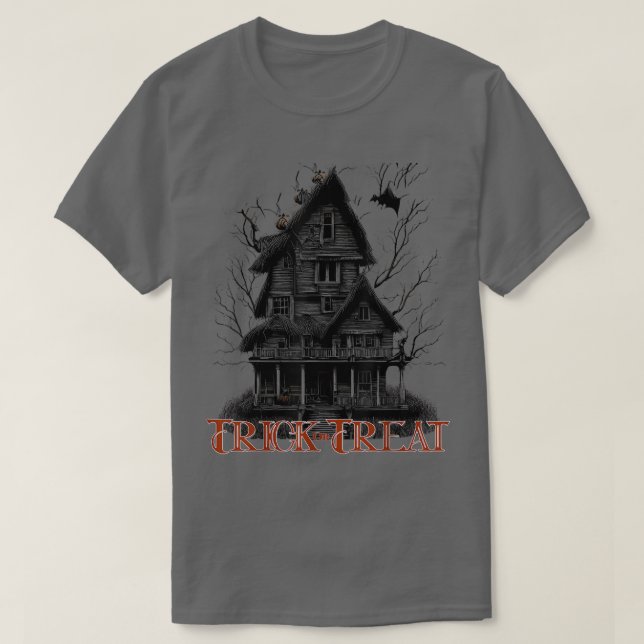 Trick oder Treat Large Creepy House Fledermäuse un T-Shirt (Design vorne)