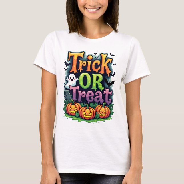 Trick oder Treat Moderne Skripte Womens Halloween T-Shirt (Vorderseite)