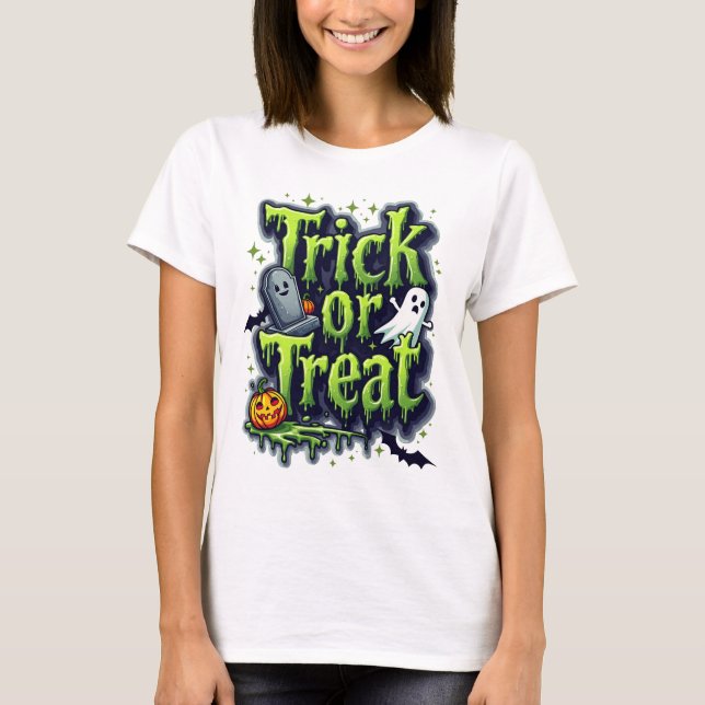 Trick oder Treat Moderne Skripte Womens Halloween T-Shirt (Vorderseite)