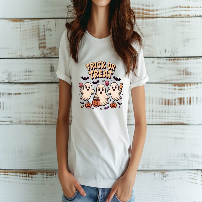 Trick oder Treat Niedlich Retro Ghost Halloween T-Shirt (Von Creator hochgeladen)