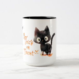 Trick oder Treat Niedliche schwarze Katze Hallowee Zweifarbige Tasse