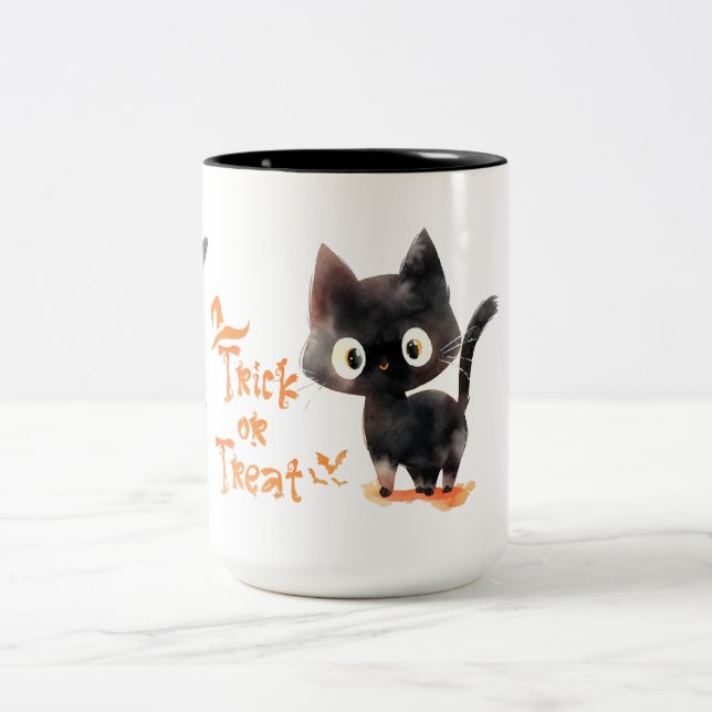 Trick oder Treat Niedliche schwarze Katze Hallowee Zweifarbige Tasse (Mittel)