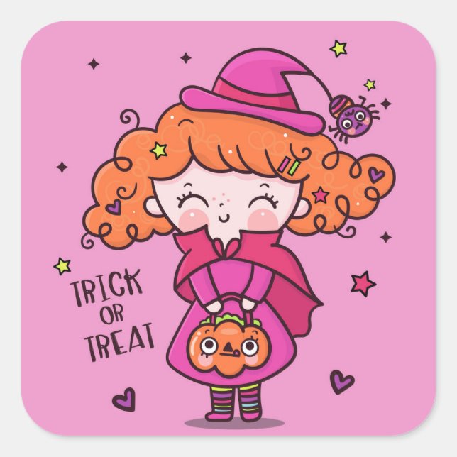 Trick oder Treat Niedliches Halloween-Mädchen Quadratischer Aufkleber (Vorderseite)