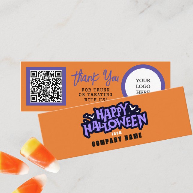 Trick oder Treat Orange Happy Halloween Vielen Dan Mini Visitenkarte (Orange Mini Halloween Business QR Thank You Cards for Trick or Trunk or Treating. Pack of 100)