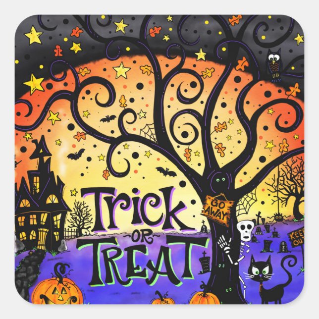Trick oder Treat Spooky Halloween-Stickerei Quadratischer Aufkleber (Vorderseite)