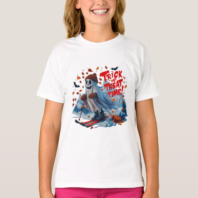 Trick oder Treat Time: Ghost Ski Fun Design T-Shirt (Vorderseite)