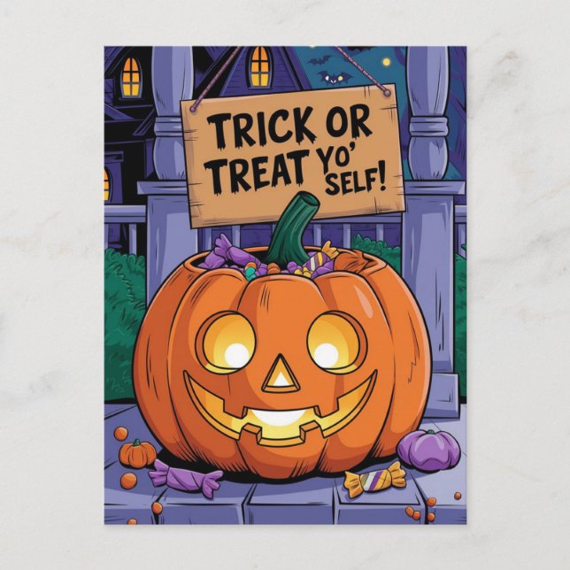 Trick oder Treat Yo'Self Funny Halloween Postkarte (Vorderseite)