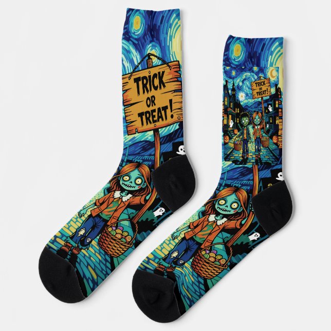 Trick oder Treat Zombies - Van Gogh Starry Hallowe Socken (Linkes Detail)