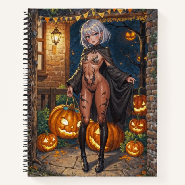 Trick oder Treater, mutiges Halloween-Kostümmädche Notizbuch (Vorderseite)