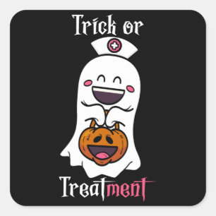 Trick oder Treatment Funny Ghost Nurse Halloween Quadratischer Aufkleber