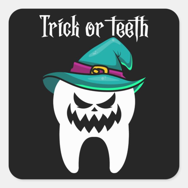 Trick oder Zähne Funny Dentist Dental Halloween-Ge Quadratischer Aufkleber (Vorderseite)