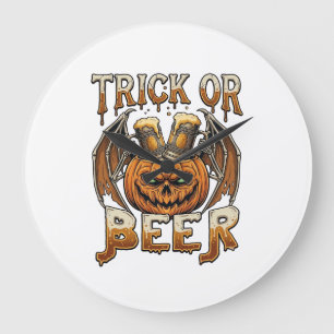 Trick Or Beer Halloween-Kürbis-Skelett-Flügel-Tass Große Wanduhr