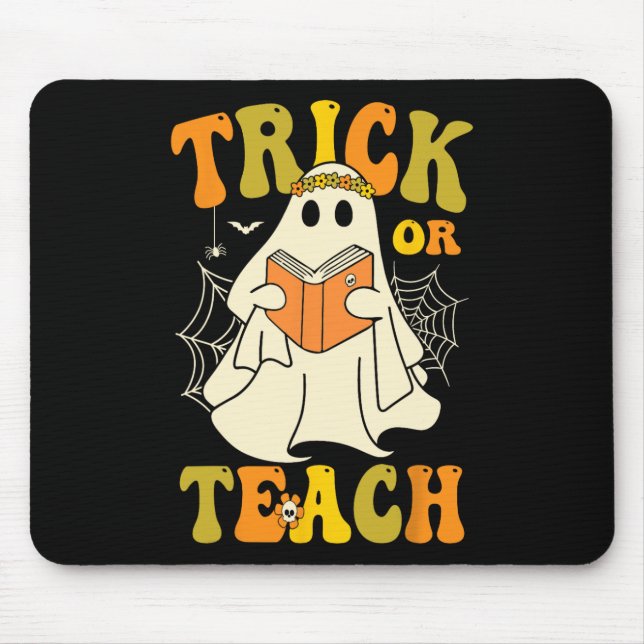 Trick or lehren Groovy Halloween Retro Blumenghost Mousepad (Vorne)