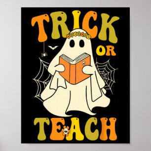 Trick or lehren Groovy Halloween Retro Blumenghost Poster