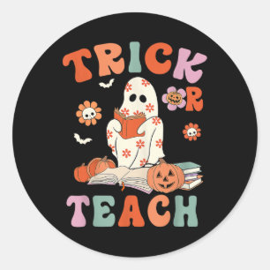 Trick or lehren Retro Groovy Blumenlehrer H Runder Aufkleber