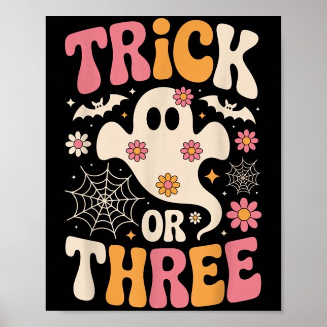 Trick Or Three 3 Years Old Birthday Groovy Ghost H Poster (Vorne)