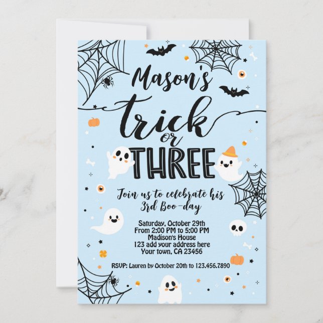Trick or Three Blue Halloween Cute Ghost Einladung (Vorderseite)