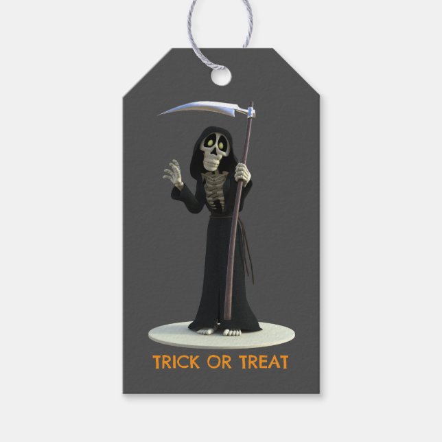 Trick or Treat. Cartoon Grim Reaper Geschenkanhänger (Vorderseite)