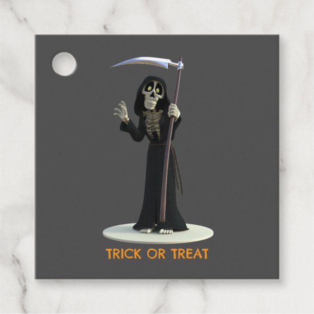 Trick or Treat. Cartoon Grim Reaper Geschenkanhänger (Vorderseite)