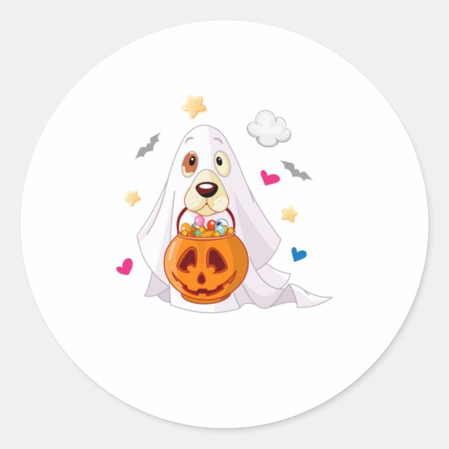 Trick or Treat Halloween Dog Ghost Runder Aufkleber (Vorderseite)