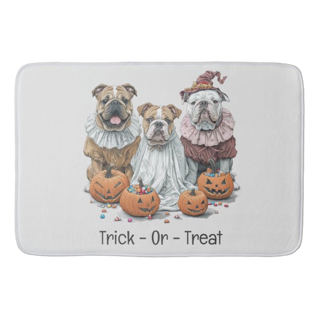 Trick or Treat Halloween English Bulldogs Pumpkin Badematte (Vorderseite)