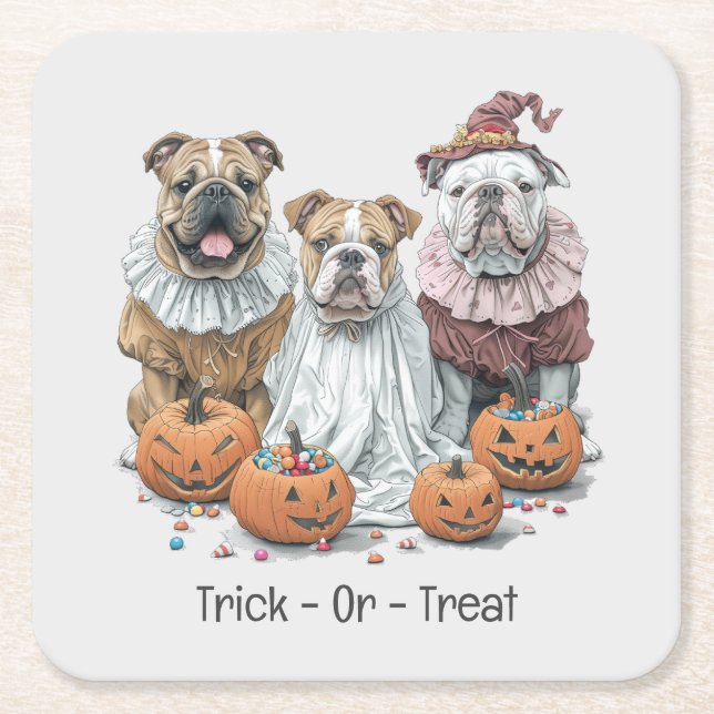 Trick or Treat Halloween English Bulldogs Pumpkin Rechteckiger Pappuntersetzer (Vorderseite)