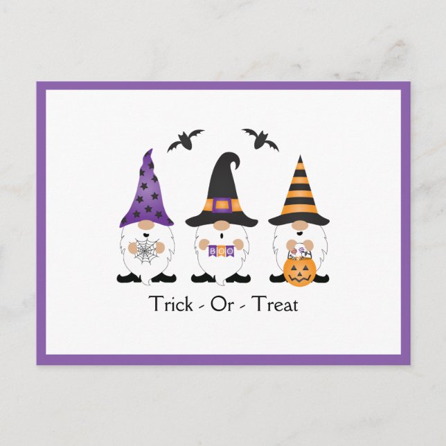 Trick or Treat Halloween Gnomes Lila Orange Postkarte (Vorderseite)