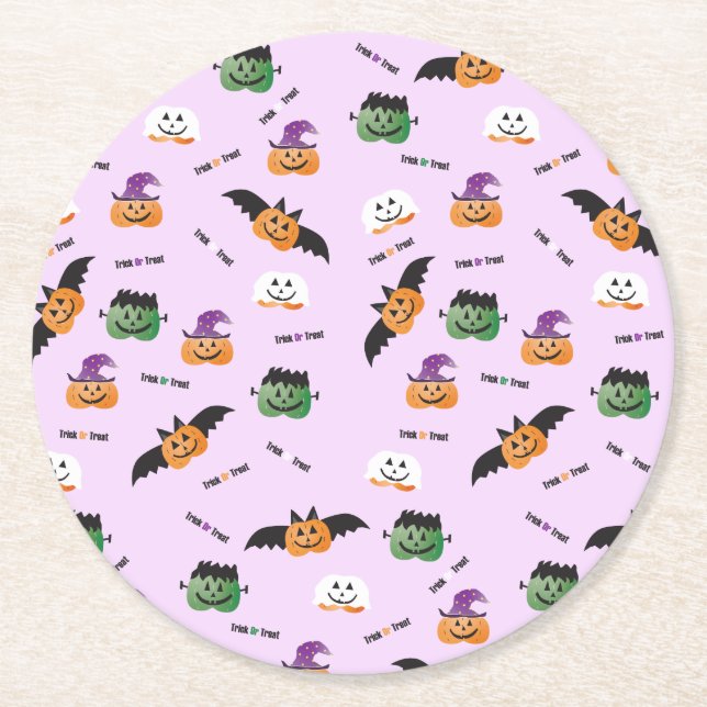 Trick or Treat Halloween Pumpkin Muster Lila Runder Pappuntersetzer (Vorderseite)