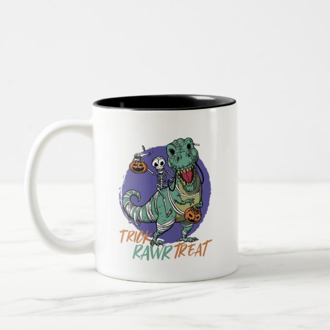Trick Rawr Leckerei T Rex Dinosaur Mummy Halloween Zweifarbige Tasse (Links)