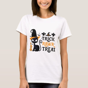 Trick Rawr Treat schwarze Katzenhexenhut Halloween T-Shirt