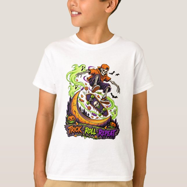 Trick Roll Repeat Skeleton Skater T-Shirt (Vorderseite)