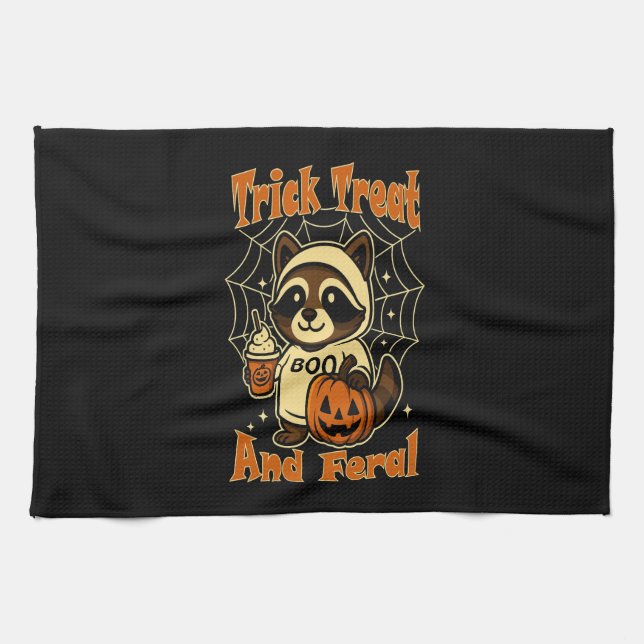 Trick Treat and Feral Cute Halloween Geschirrtuch (Horizontal)