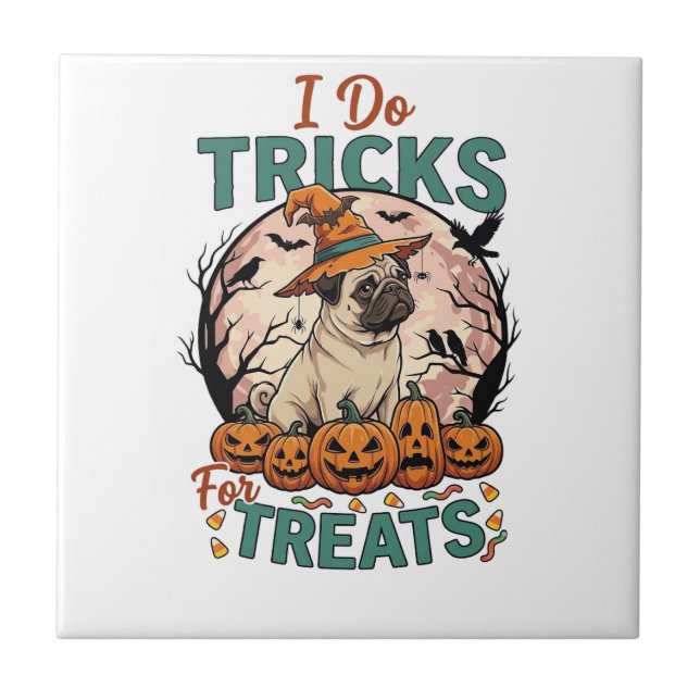 Tricks Behandlungen Halloween Mops Hexenhut Kürbis Fliese (Vorderseite)