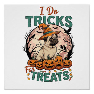 Tricks Behandlungen Halloween Mops Hexenhut Kürbis Poster