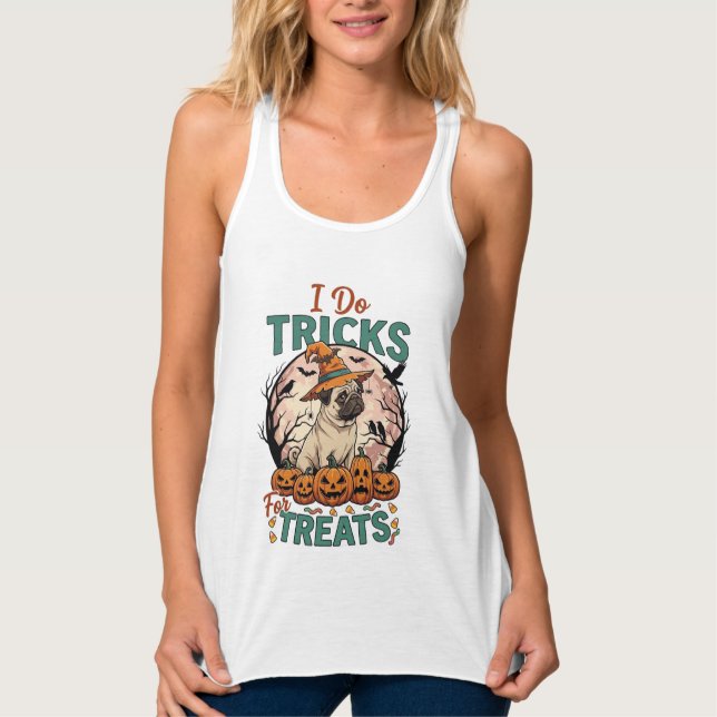 Tricks Behandlungen Halloween Mops Hexenhut Kürbis Tank Top (Vorderseite)